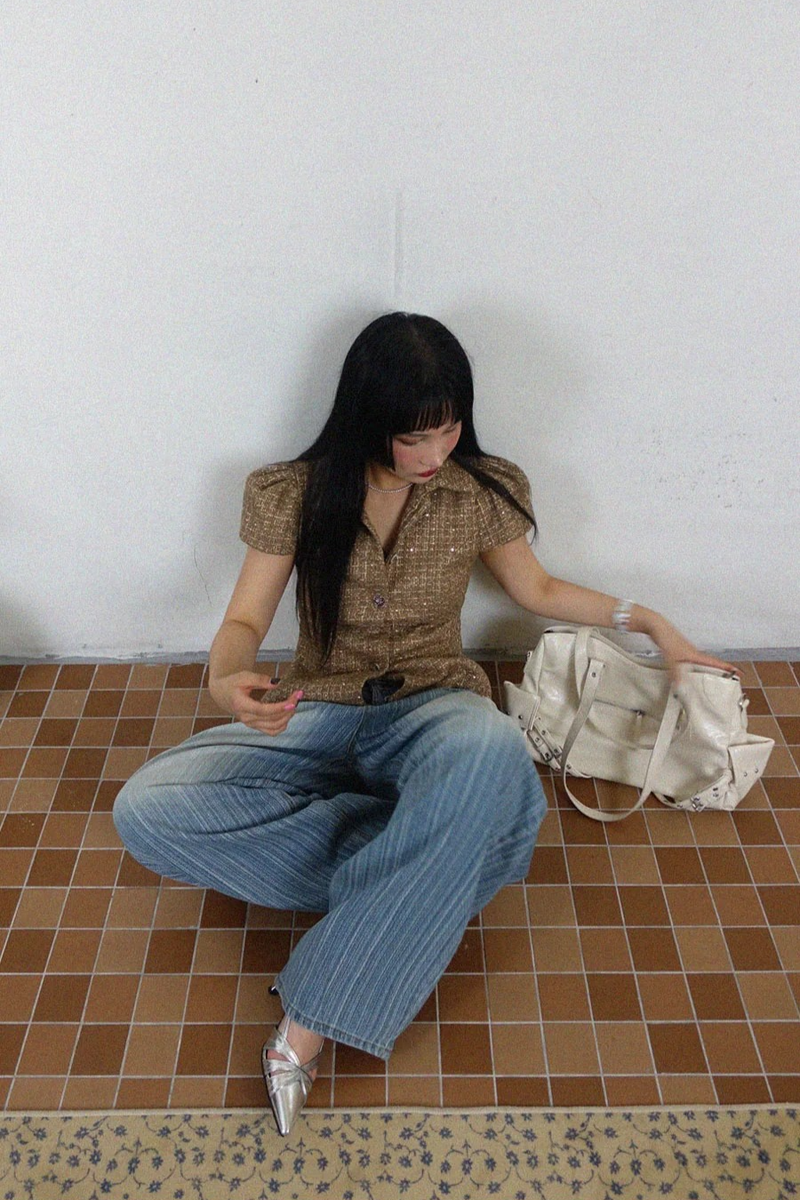 TWINKLE TWEED PUFF JACKET BLOUSE IN DARK BEIGE