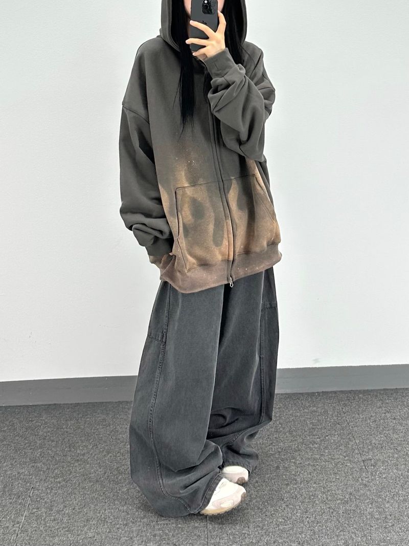 flame washed hooded zip-up