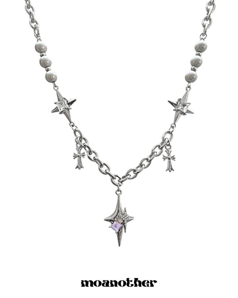 [Surgical Steel] パールクロスキュービックネックレス