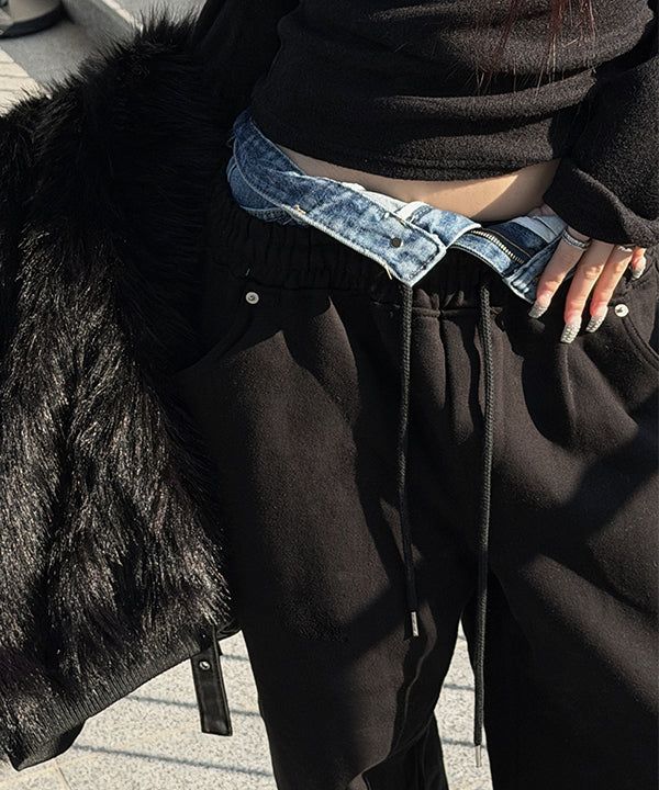 Denim layered sweat pants(2color)