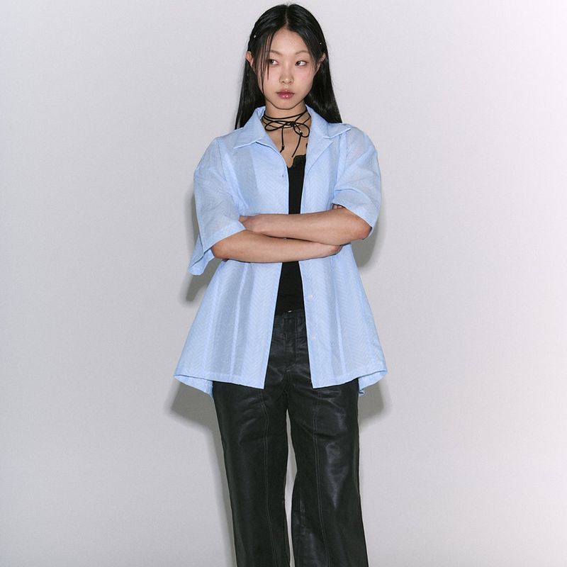 Herringbone Open Collar Shirt sky blue