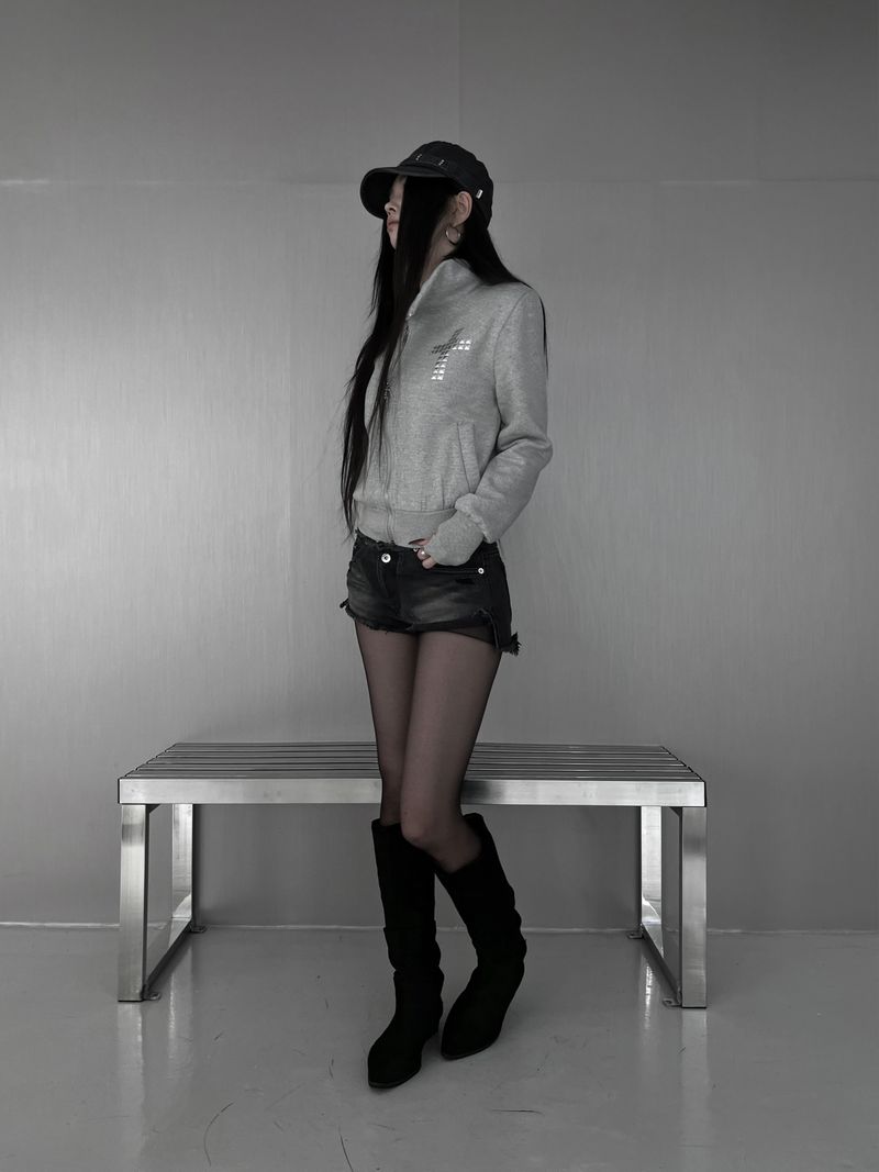 cross stud diagonal warmer zip-up (fleece-lined / 2color)