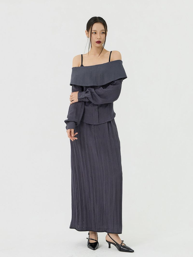 Scratch Cape Off-Shoulder Belted Shirt, Charcoal