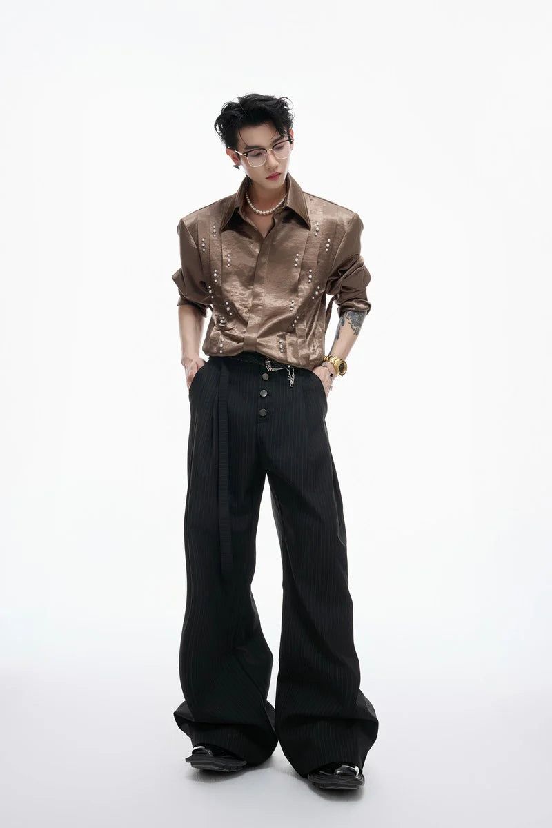 Metallic Tie Pearl Pleated Shirt