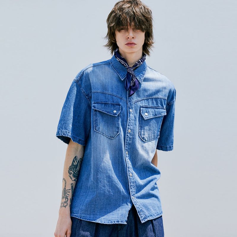 WASHED DENIM WESTERN SHIRT BLUE