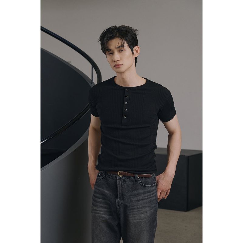 High ribbed henry neck half sleeves(Black)