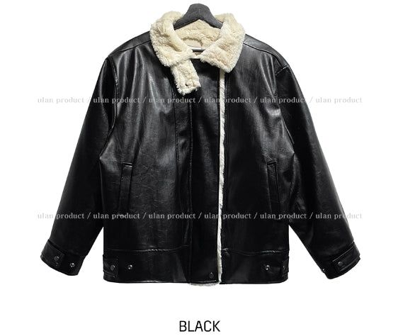 [Mink lining] Catch leather high neck half coat