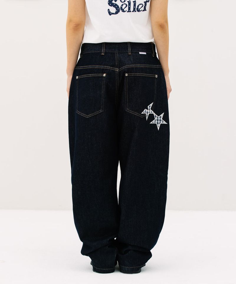 cavish（カビシ）の「CHECK APPLIQUE DENIM PANTS BLUE(CV2GSFD111A)（Pants）」