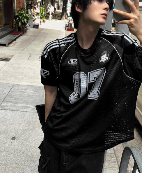 Matte Black & Silver White Mesh Track Short-Sleeve Tee