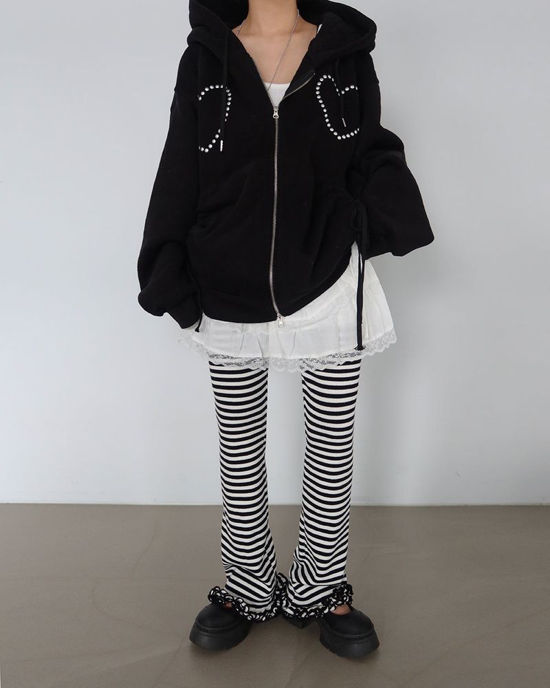 Wool napping heart wrinkle shirring hooded zip-up