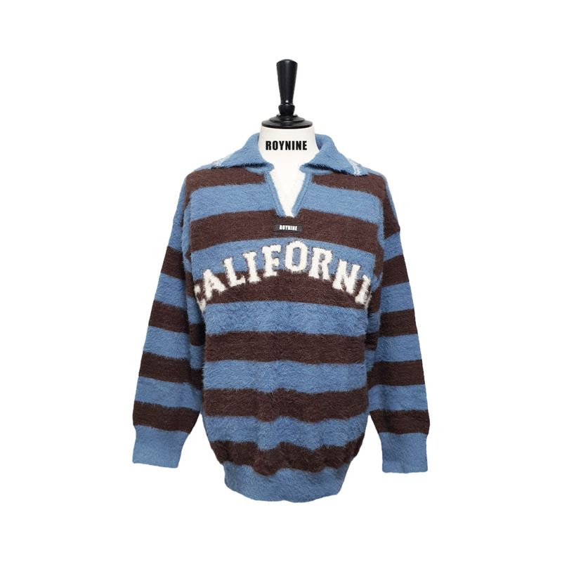ROYNINE（ロイナイン）の「Light Blue&Brown Stripe Collar Knit（Tops）」