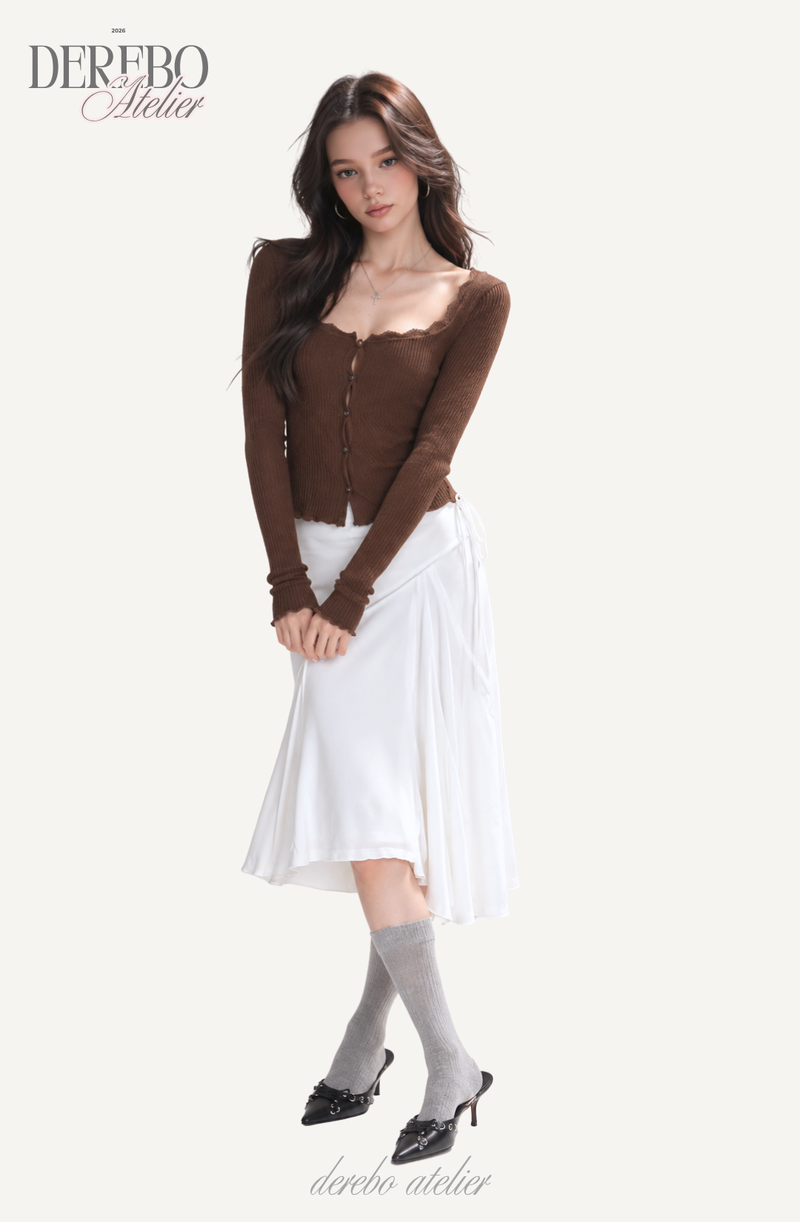Jacquard square-neck knit long-sleeve cardigan