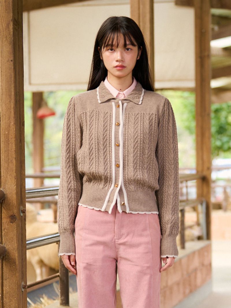 Wavy Collar Cable Merino Cardigan (Brown)