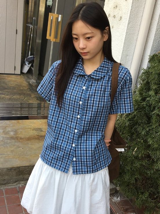 BAON（バオン）の「26SS★ [BAONHAUS]クルーネンリネンチェック半袖シャツブラウスlouse（トップス）」
