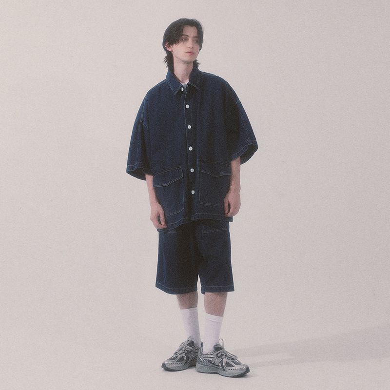 denim stitch shorts_blue
