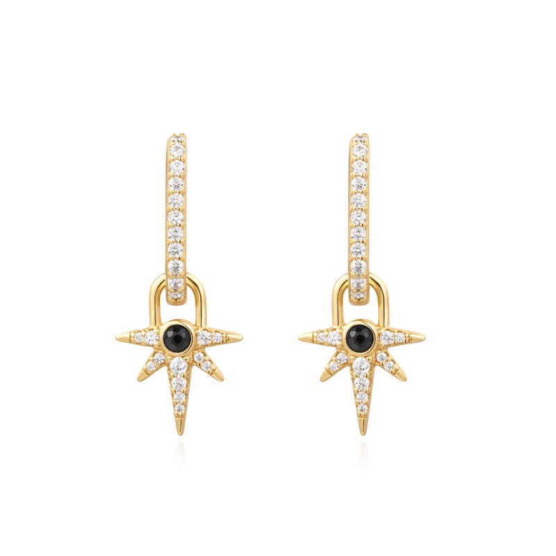 Gold Black Onyx Star Drop 925 Silver Ring Earring E061-12G