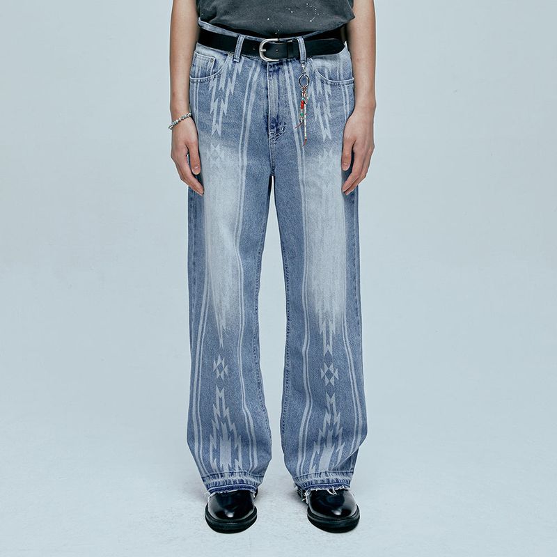 navajo pattern cut off denim pants light blue