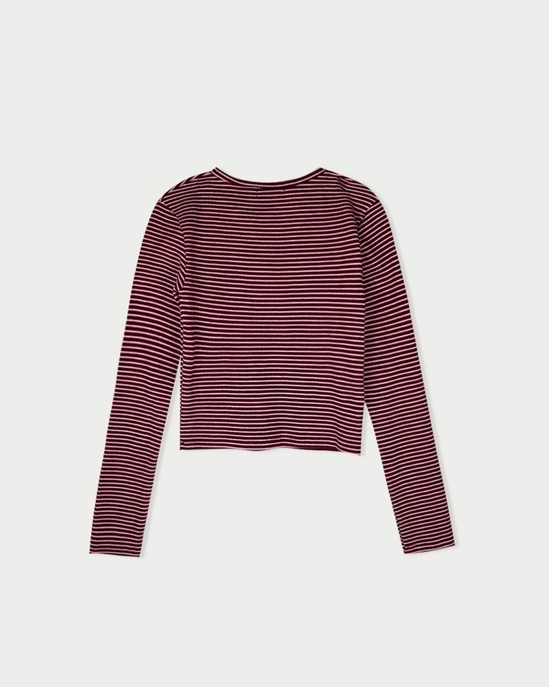 ストライプボタンTシャツ_ワイン