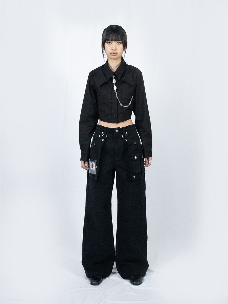 Crop Double Collar Shirts (Black)