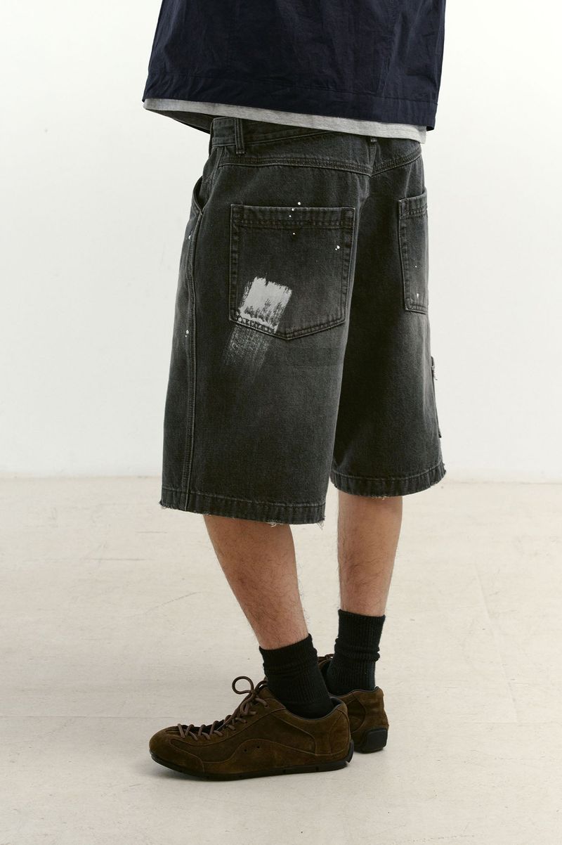 Aged Splatter Carpenter Denim Shorts(Washed Black)