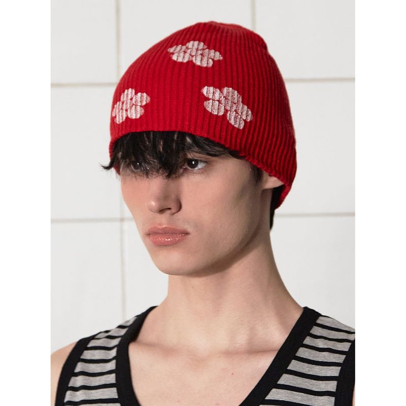 BUTTON FLOWER BEANIE / RED