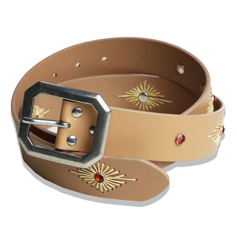 crystal stud & wax thread leather belt beige