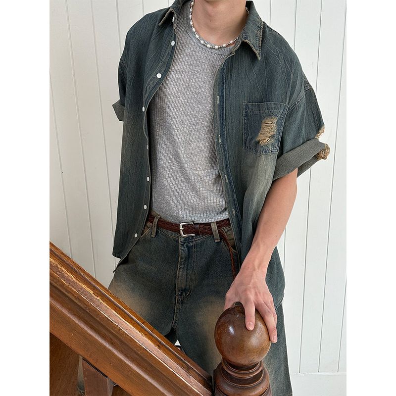 LAURANT（ロラン）の「[S/S] スモークダメージハーフデニムシャツ（２色）（トップス）」