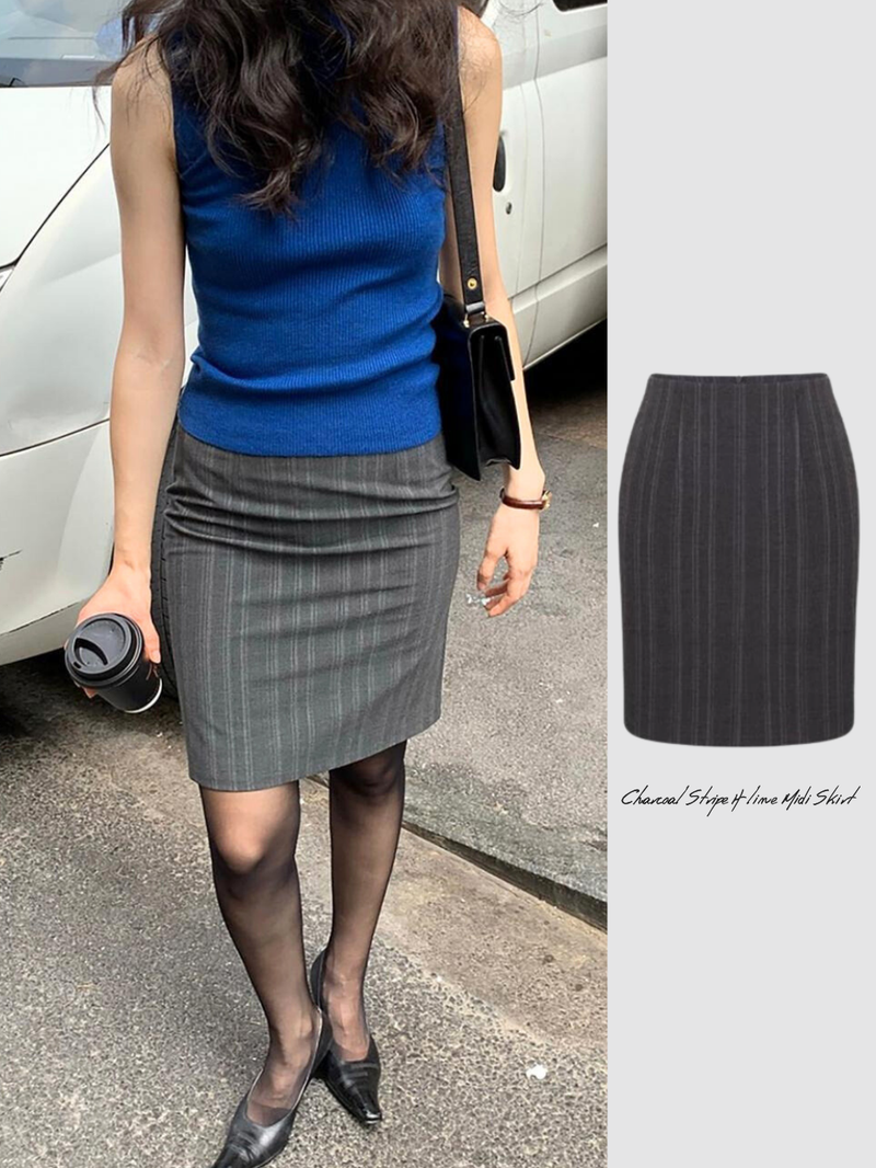 dereborujo（ドレボルゾー）の「Charcoal Stripe H-line Midi Skirt（Skirts）」