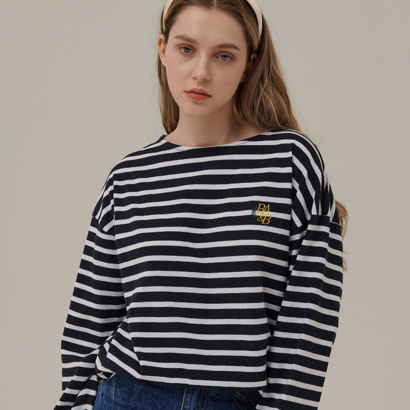 Between A and B（ビットウィーンエーアンドビー）の「SMALL LOGO STRIPE LONG SLEEVE T-SHIRT_NAVY（Tops）」