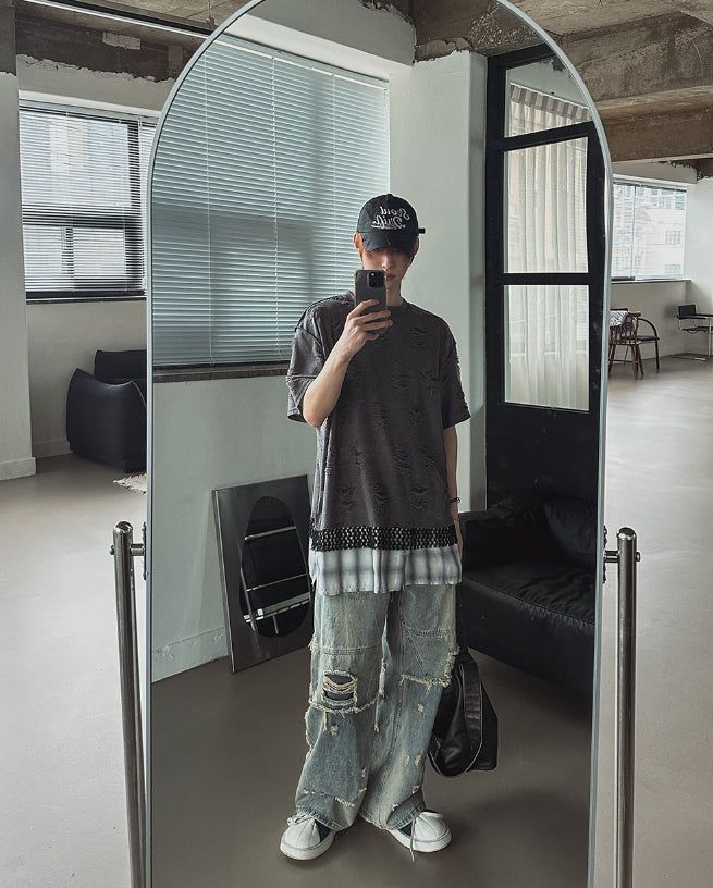 Clay Mud Washed Damaged Wide Denim