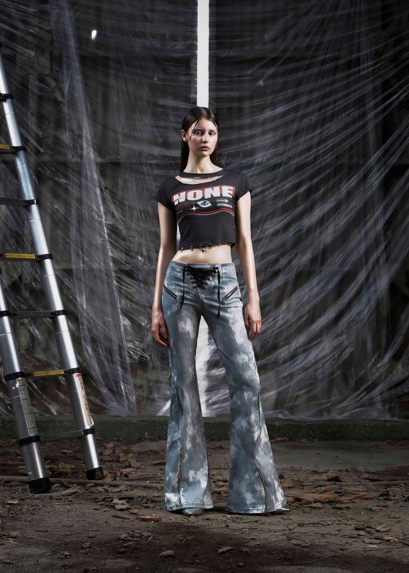 NONE Printed Lace Up Flared Jean