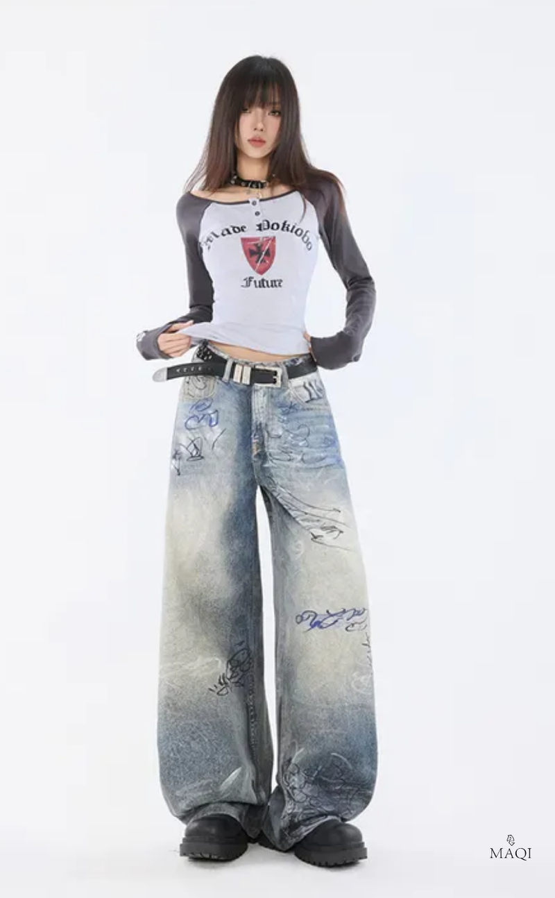 Hand-Painted Distressed High-Waisted Wide-Leg Jeans