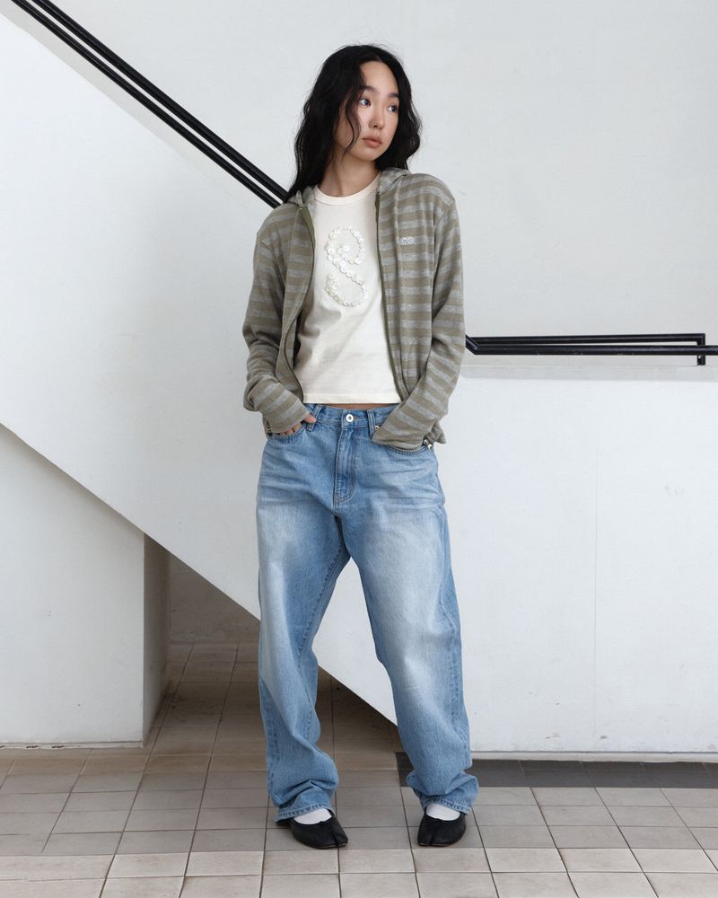 Stripe Button Knit Hooded Zip-Up