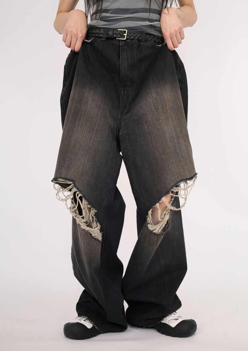 (UNISEX)Torn Twilight black Denim
