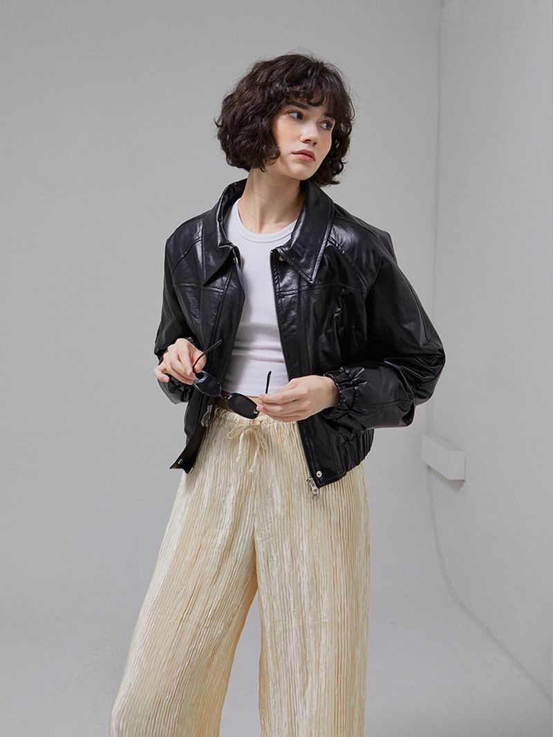 [LINE] Collar Crop Leather Jacket