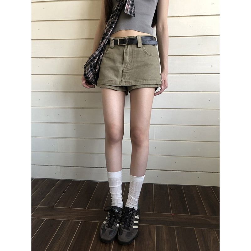 khaki cotton mini pants skirt
