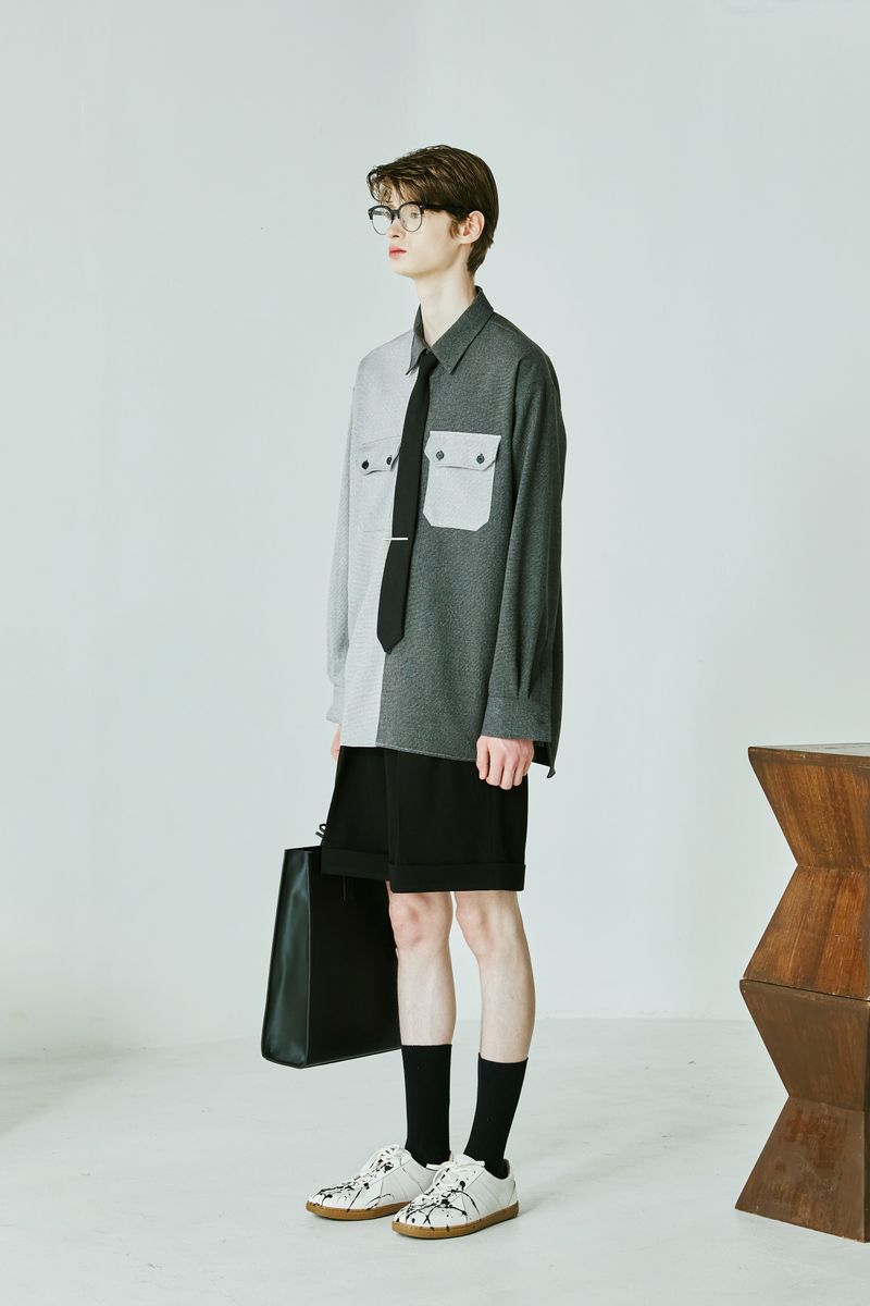 STITCH WIDE TURN UP HALF PANTS BLACK