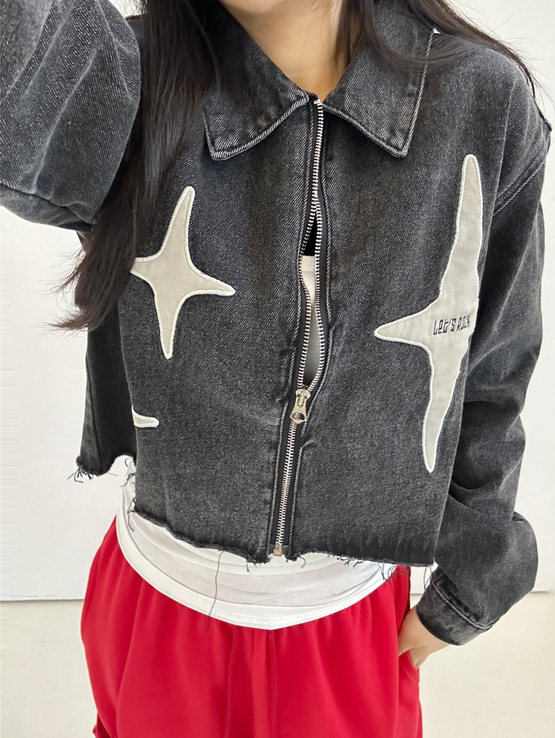 BACK STAR POINT + DAMAGED DARK BLUE DENIM JACKET🖤
