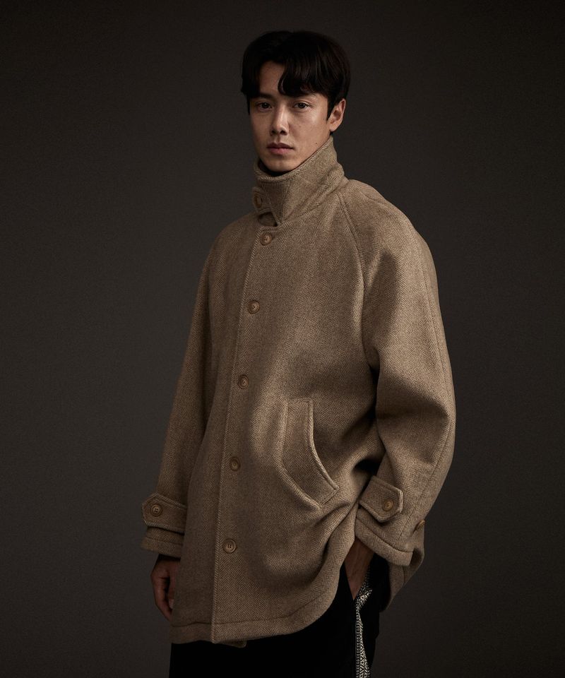 BALMACAAN HERRINGBONE WOOL CASHMERE HALF COAT BEIGE