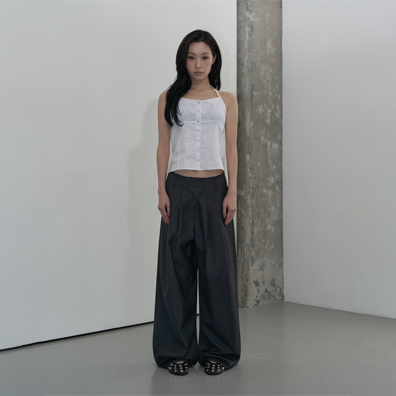 WAIST DETAIL TWO-TUCK WIDE SLACKS (GRAY)