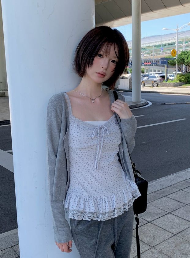 Surin Flower Frill Cardigan Sleeveless Set