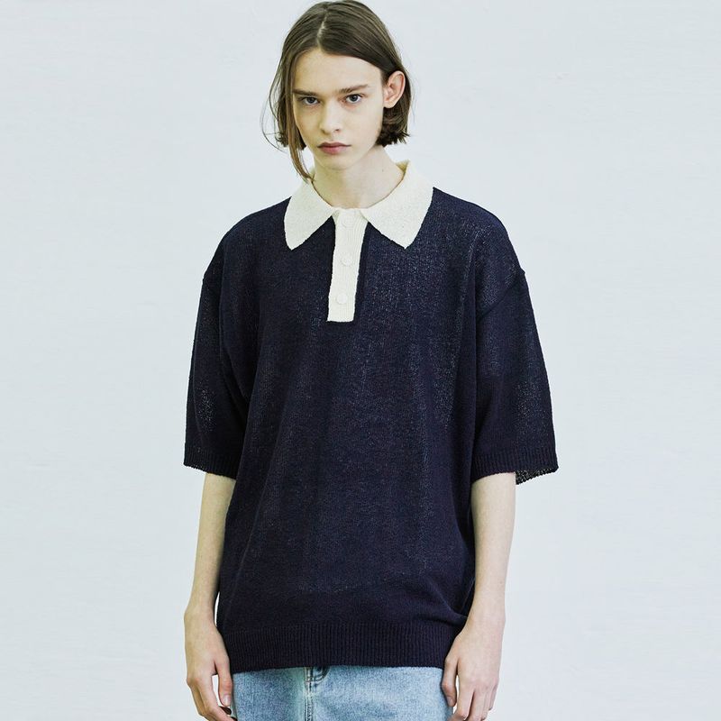 KND（ケイエンド）の「BOUCLE SUNDAISY COLLAR HALF KNIT NAVY（Tops）」