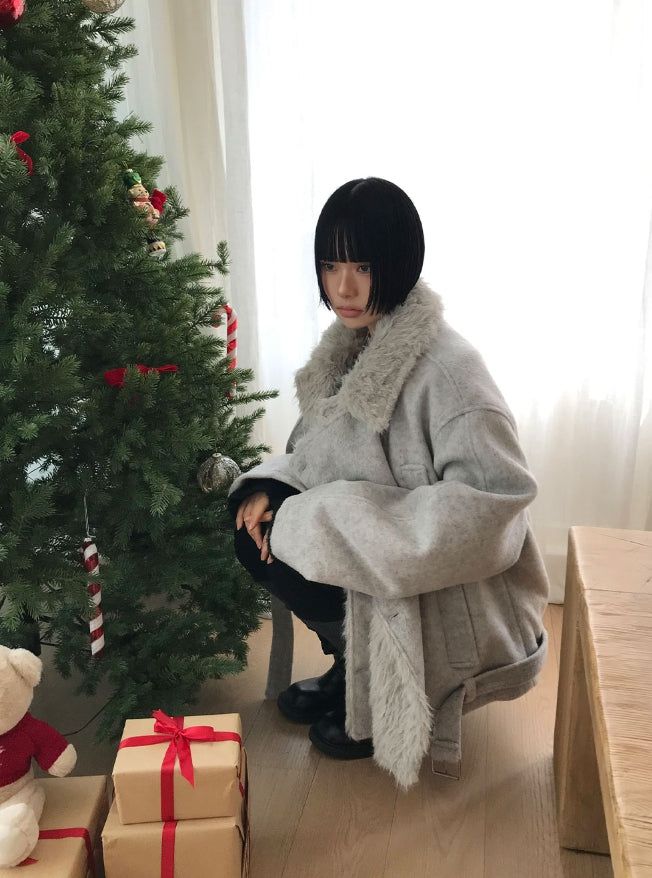 (3oz Quilting) FUR-COLLAR DOUBLE SHORT COAT