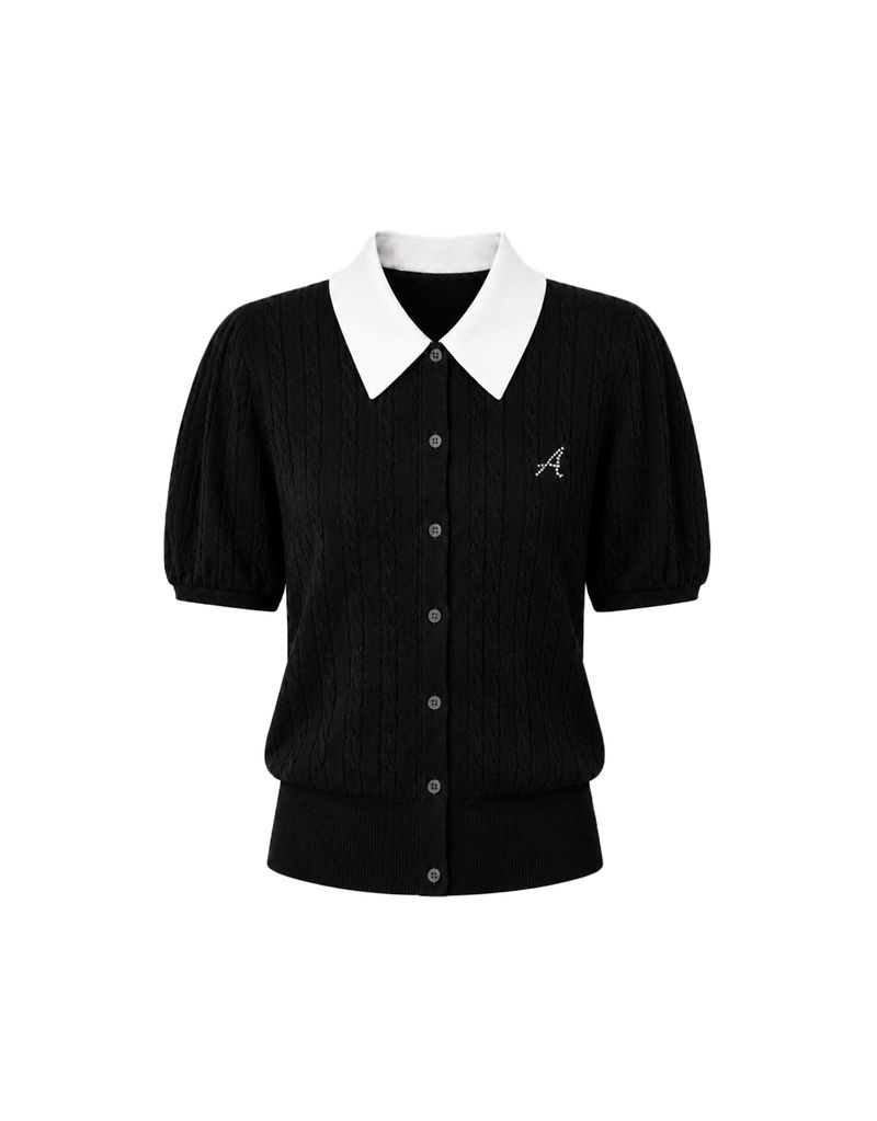 TWEEDY-A（ツウィーディア）の「[PRE-FALL] エロディ シルク カラー ケーブル ニット ショートスリーブ カーディガン ブラック（トップス）」