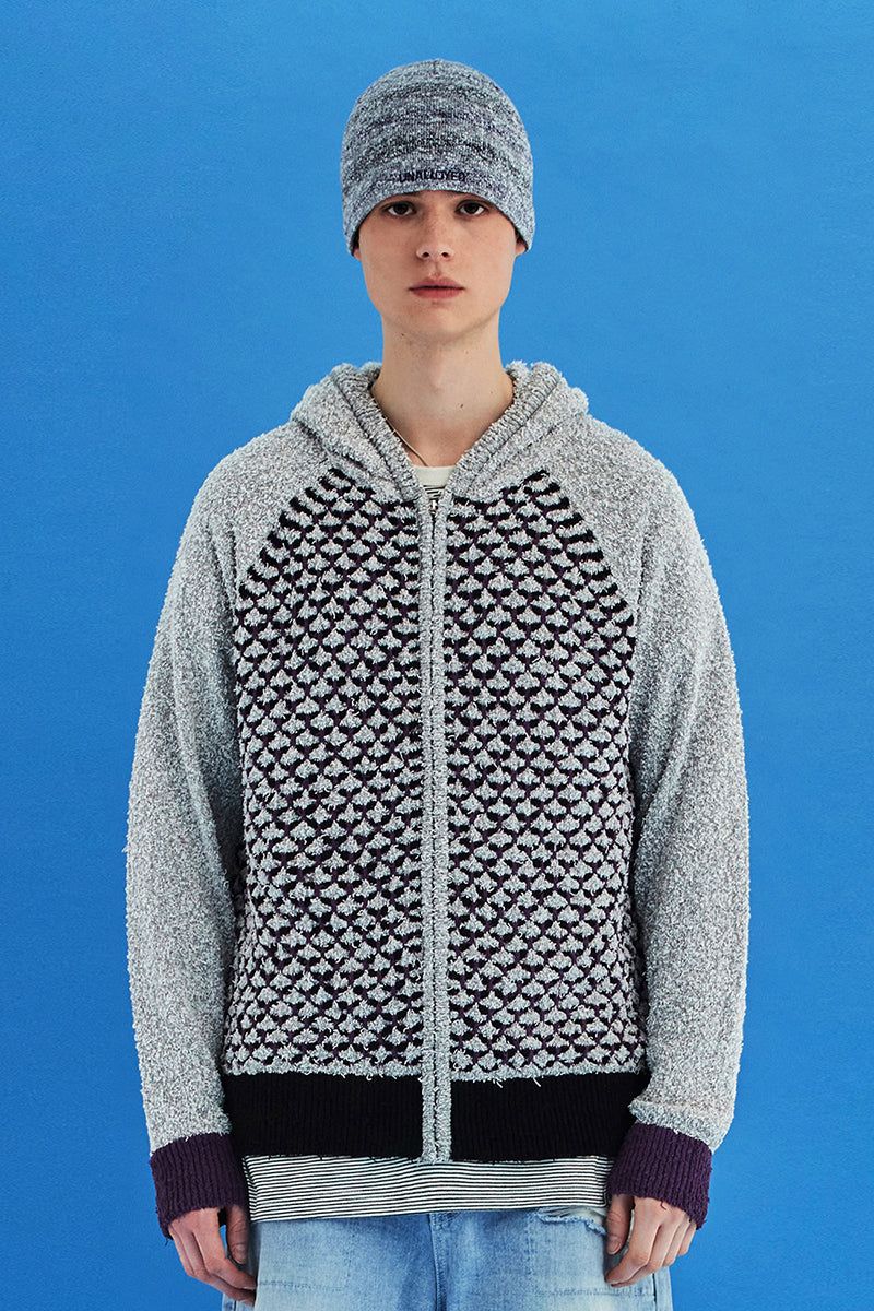 EMBOSSING CLOVER KNIT ZIP-UP HOODIE / GREY