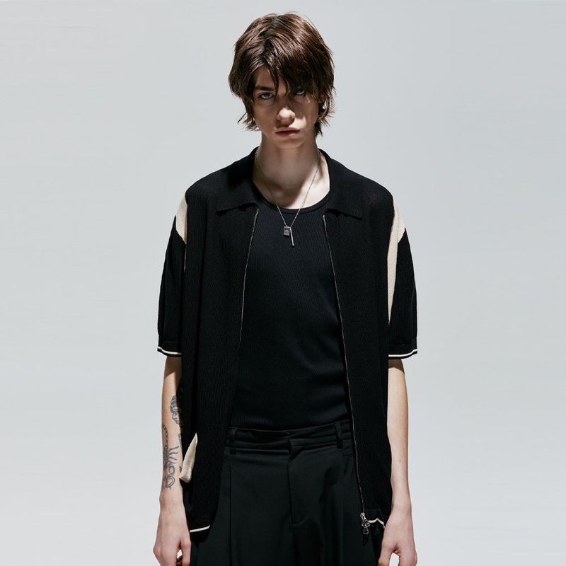 varsity half knit zip-up black