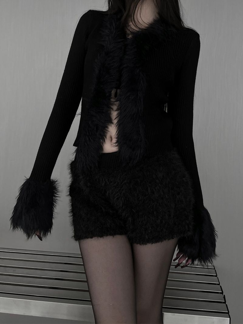 silm ribbed fur strap cardigan (2color)