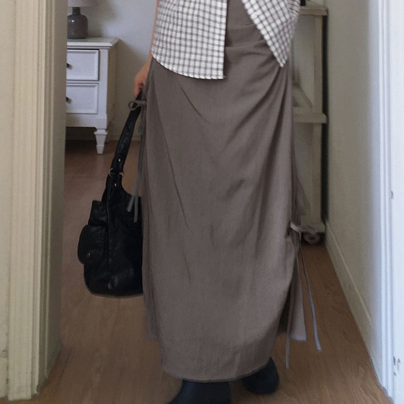 [MADE] Kishi eyelet ribbon shirring pocket Nylon long skirt