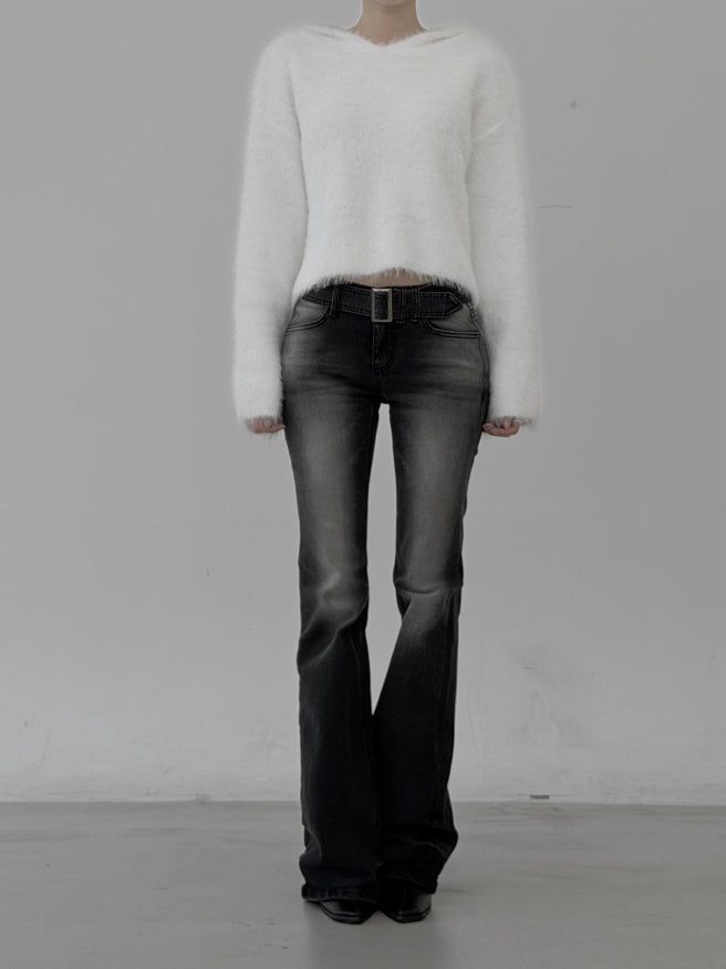 Belted washed bootcut black denim