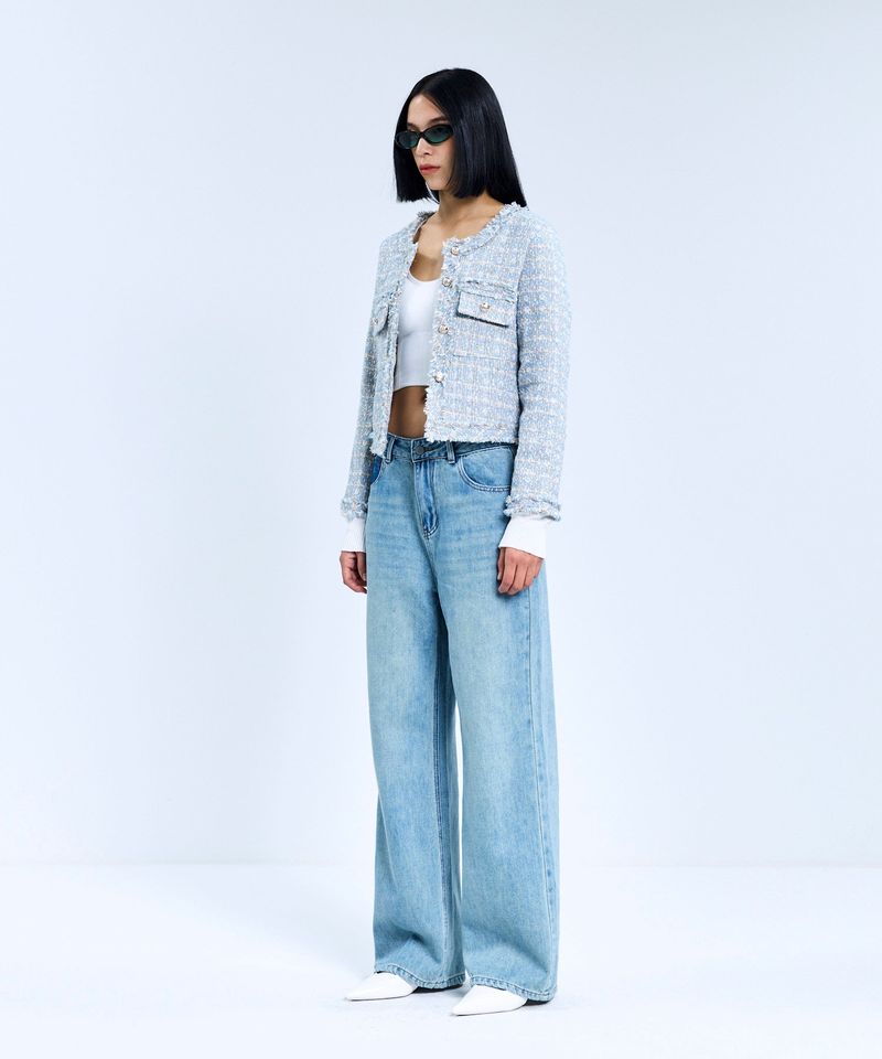 85-VIVAJ048 Multi-Color Crop Tweed Jacket Sky Blue